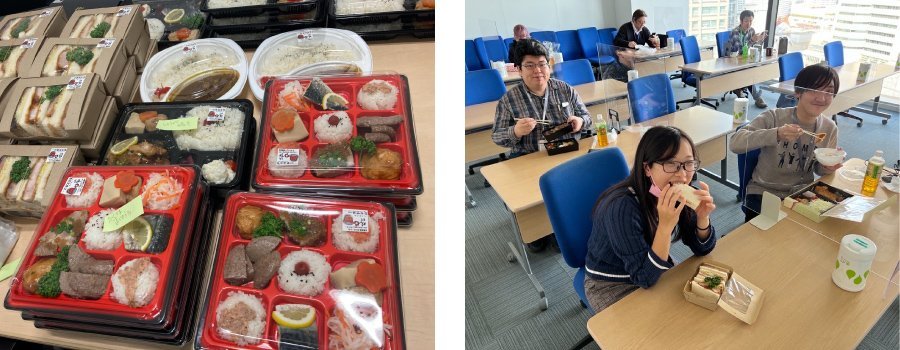 写真左：当日はたくさんのお弁当が届きました／写真右：みんなでお弁当を味わう楽しいひととき！