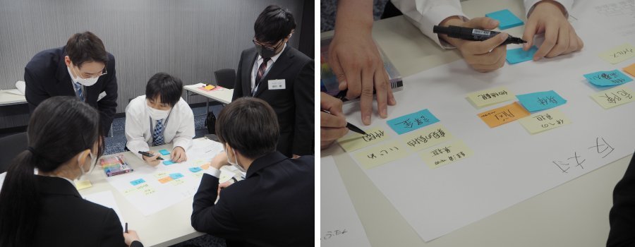 ＜グループで議論し、模造紙に意見をまとめていきます　ハイレベルな演習が続き『脳が疲れた～』といった声も＞