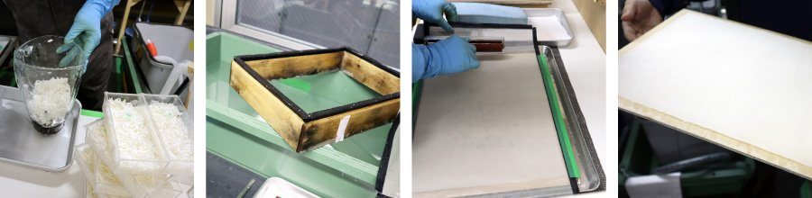 ＜ 紙漉きの一部プロセス：材料を溶解→紙漉き→ローラーで追加脱水→乾燥板に貼付け ＞