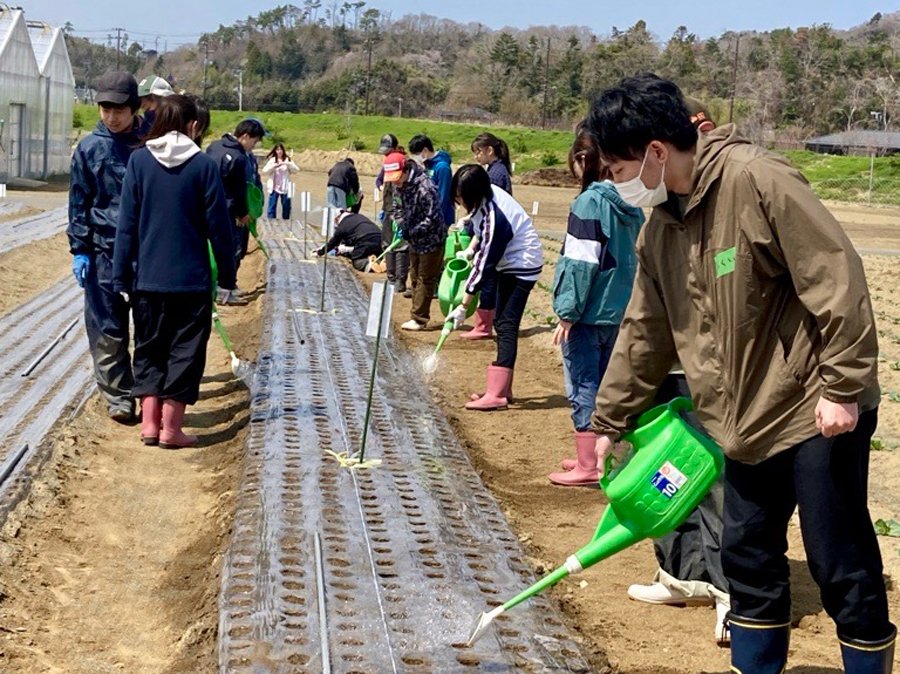 ＜ペアで行った種まき作業の後、全員で水やりを行いました＞