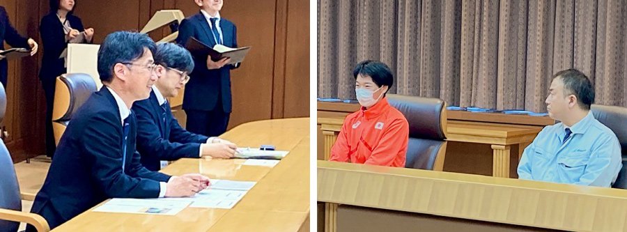 ＜左：伊藤副知事から激励の言葉をいただきました　右：言葉を受け取る菅野選手と溝江所長＞
