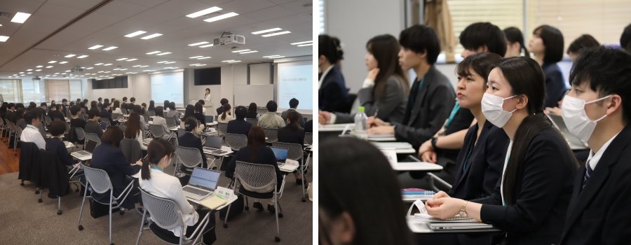 ＜新入社員が一同に会しての集合研修がスタート！／講師の話に全集中！＞