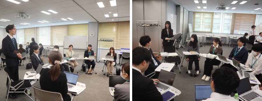 ＜ 先輩社員の前でドキドキ緊張しながらも堂々とプレゼン！ ＞