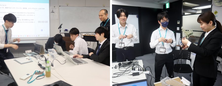 ＜左：講師に見守られながら検証する姿　右：次に使用する人のため、ケーブルを丁寧に片づけます＞