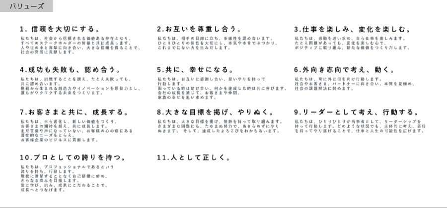 ＜ アルティウスリンクのバリューズは全部で11あり、社員が迷ったときの行動指針として背中を押してくれます ＞