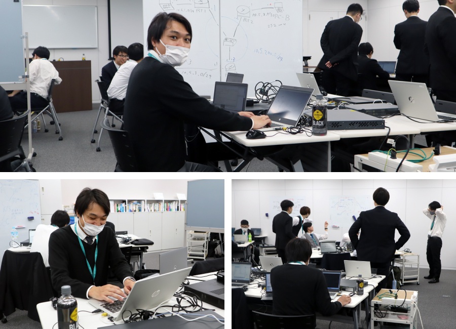 ＜楽しそうに罠をしかける講師と見ないように背を向けるグループ一同＞