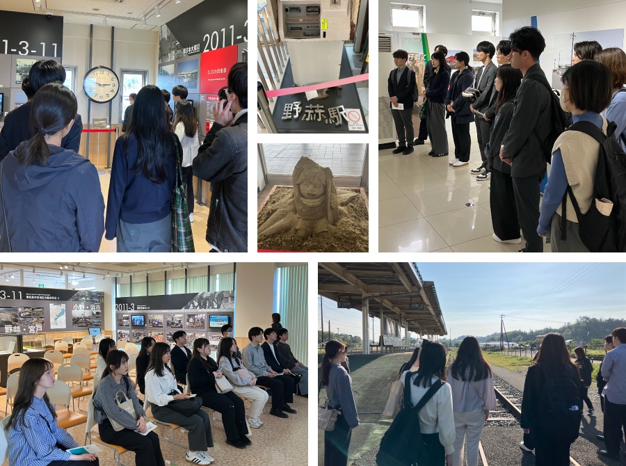 ＜ 当時まだ幼かった新入社員たちは、東松島市震災復興伝承館の見学で震災による被害の甚大さを改めて感じました ＞