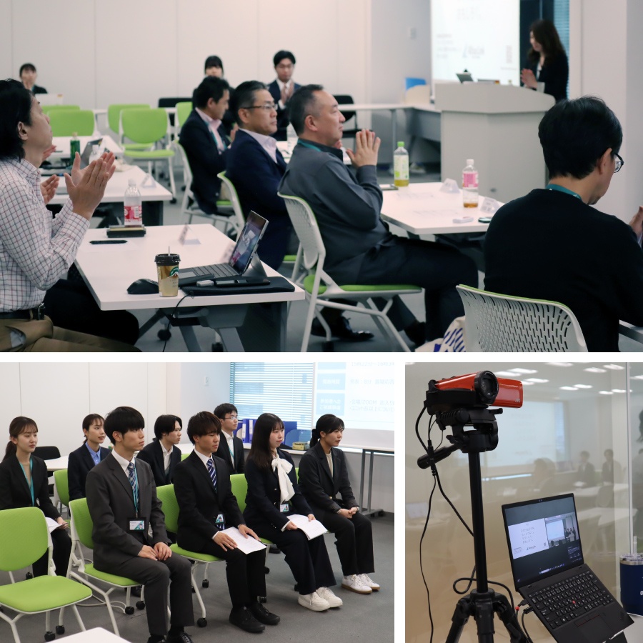 ＜ 社長や役員の前での発表／少し緊張気味の順番待ちの新入社員／発表の様子は配属先の管理者にもオンラインで配信 ＞