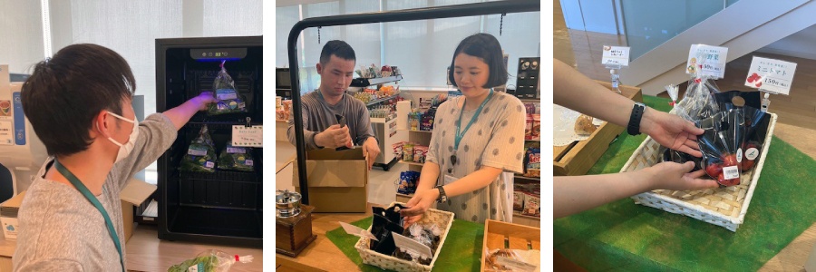 〈販売する野菜を並べるグリーンユニットの従業員〉