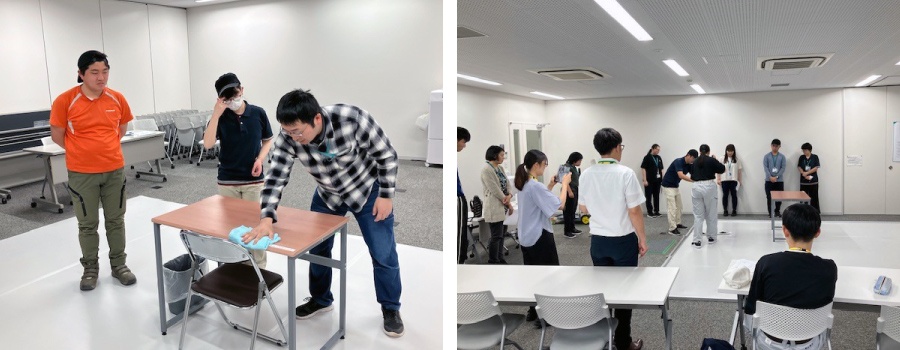 < 業務の合間をぬって競技練習に励みました(左) / 合同練習の様子(右) >