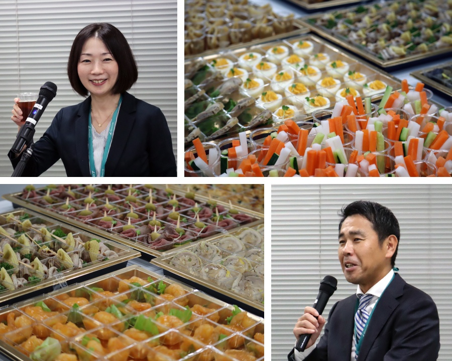 ＜ （左上）人財開発部 部長 中村が乾杯の挨拶／（右下）人事本部長 黒澤より祝辞が述べられました ＞