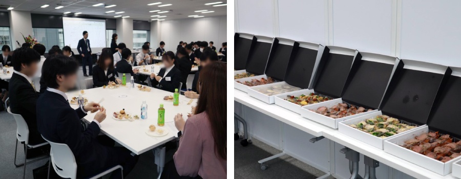 ＜ 軽食をとりながら歓談タイム！同期や先輩との会話で緊張がほぐれてきました ＞