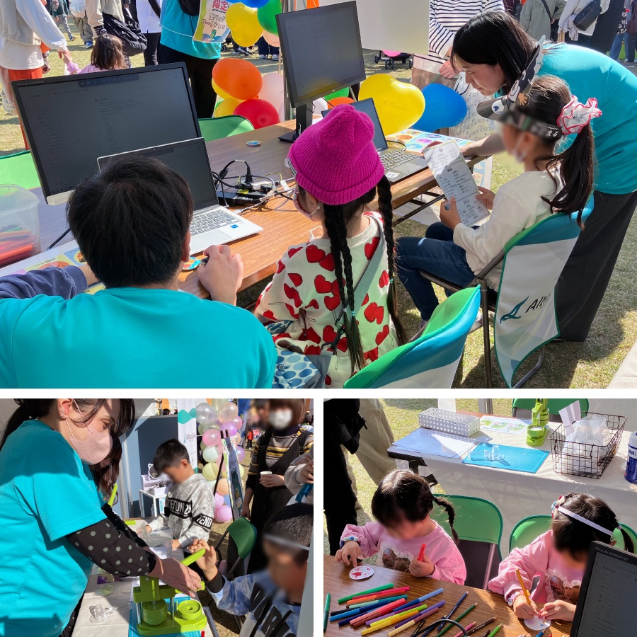 ＜ 生成AIでイラストを生成／（下左）イラストを缶バッチに加工／（下右）手書きイラストでの缶バッチ作成も！ ＞