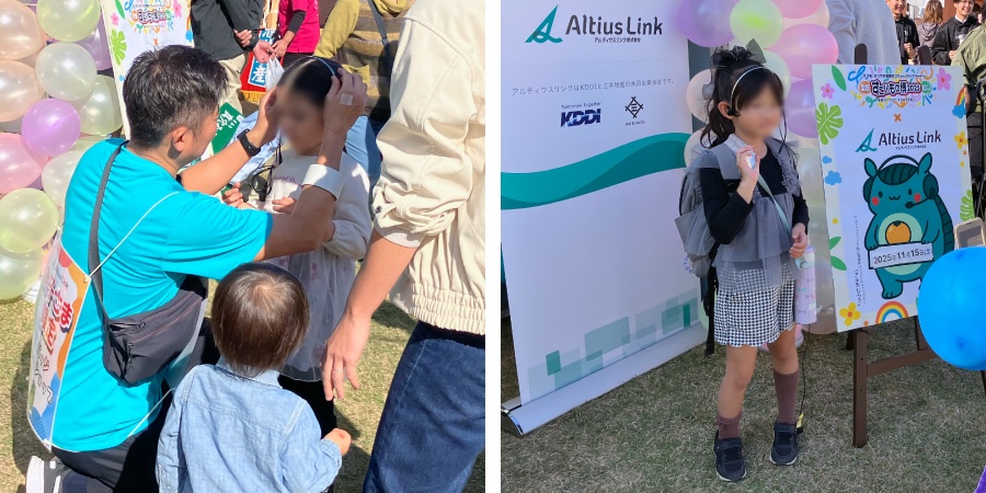 ＜ （左）ヘッドセットをつけてコンタクトセンターのオペレーター気分／（右）缶バッチを片手にパネルの前で記念撮影 ＞