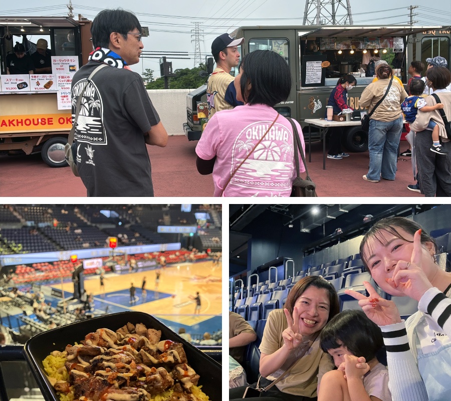 ＜ さっそくキッチンカーに並ぶ面々／アリーナで食べるグルメは格別です ＞