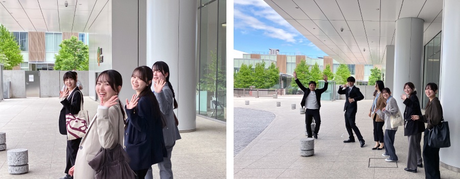 ＜ いざ！ 街へ。フィールドワークに出るときは青空が広がり、新入社員も晴れやかに出発しました ＞