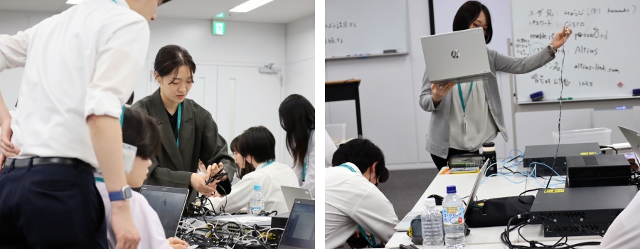 ＜ 慎重に実機への接続を行う新入社員たち ＞