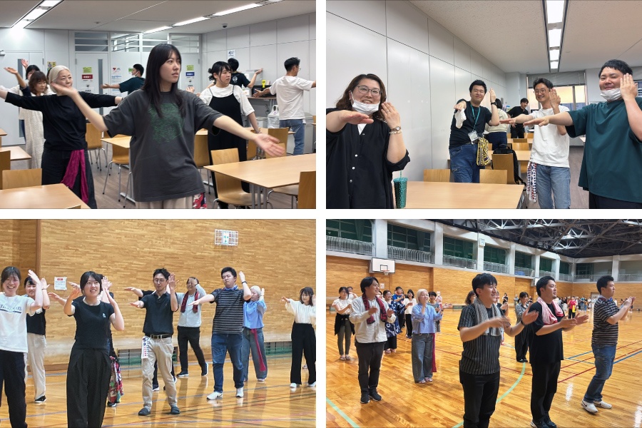 ＜ 業務終了後に休憩室で練習！／講習会では他の参加団体の方たちと一緒に振付を教わりました ＞