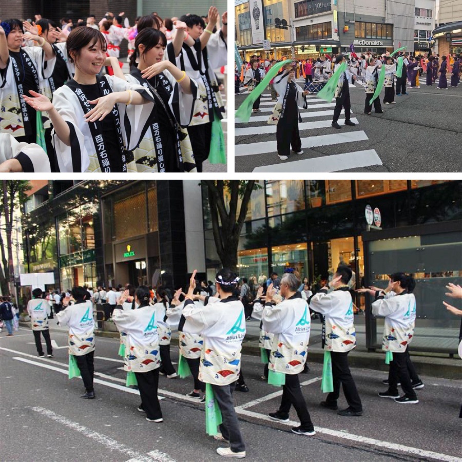 ＜ 徐々にリズムに乗る踊り手たち。友禅ながし布を優美に振りかざして踊りました ＞