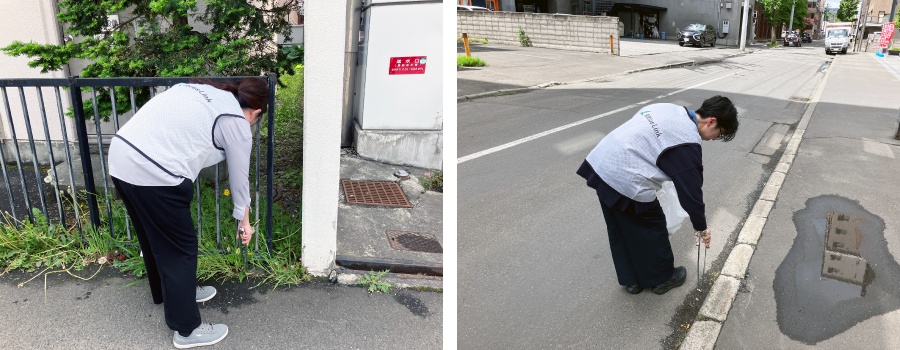 ＜歩道脇にある草の根や、縁石まで丁寧に気持ちを込めて清掃しました＞