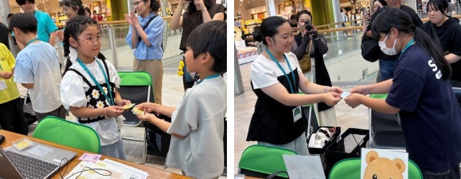 ＜ 自分で作った名刺を使って、名刺交換に挑戦！少しドキドキしながらも、笑顔で交流しました ＞