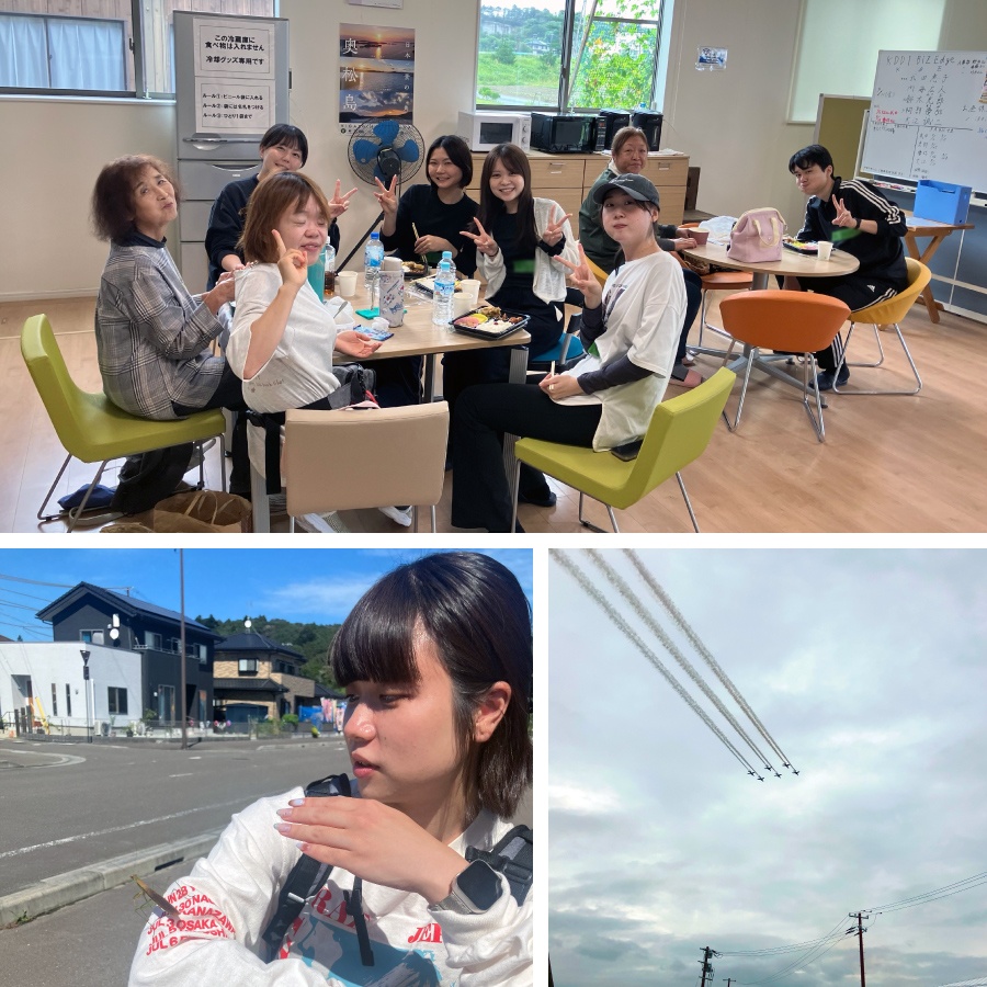 ＜ 野蒜スタッフと一緒に楽しくランチ♪／腕にカマキリがとまってびっくり！／隊列を組んで飛ぶブルーインパルス ＞