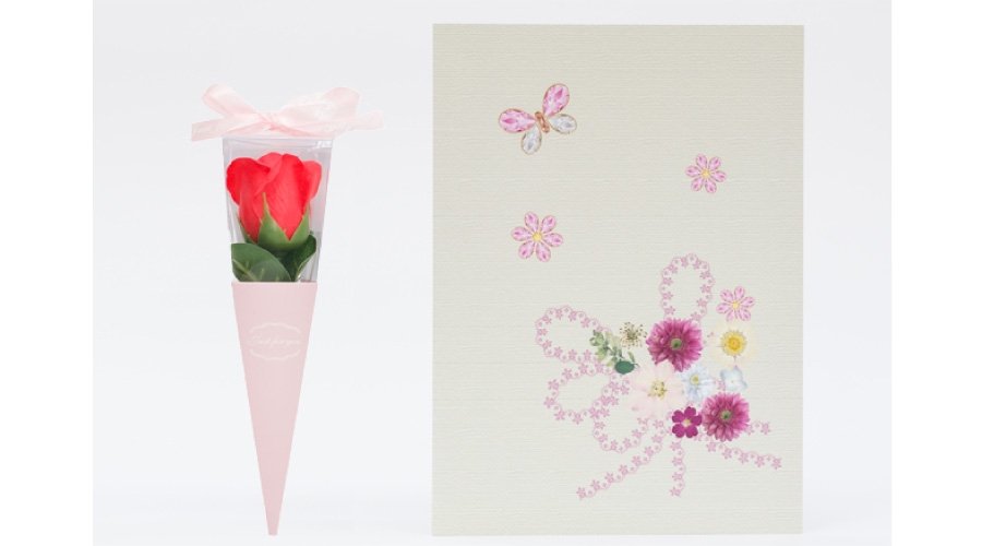 白のレースフラワーやピンクの押し花で、リボンをデザインした
シンプルで可愛い押し花台紙「リボンフラワー」セット
