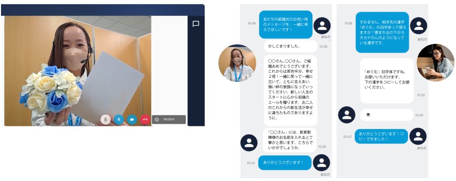 左：電報の台紙選びにお悩みのお客様に『音声と映像のビデオ通話』で商品をご提案 / 右：メッセージにお悩みのお客様に『チャット』でメッセージをご提案