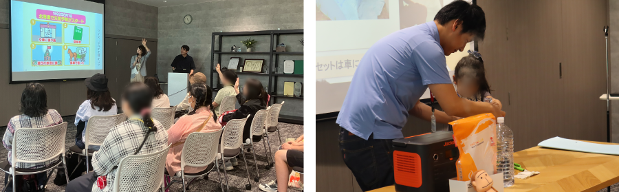 ＜クイズ形式で学ぶ菅井さんの講話（左）／災害時に役立つグッズを篠田さんと実際に体験（右） ＞