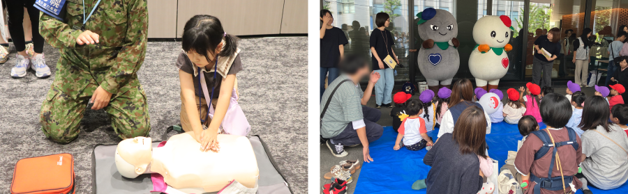 ＜ 自衛隊の方の指導のもと、応急処置に挑戦（左） / 子ども向け防災クイズの様子（右） ＞